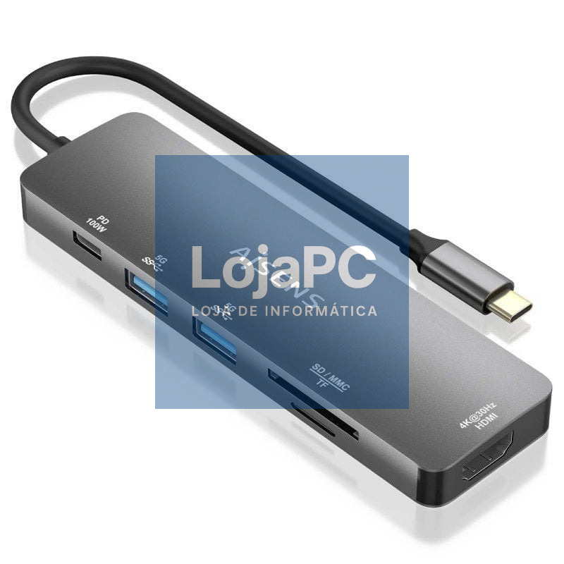 Docking USB Tipo-C Aisens ASUC-6P016-GR/ 1xHDMI 4K/ 2xUSB/ 1xLector Cartões/ 1xUSB Tipo-C PD/ Cinzento