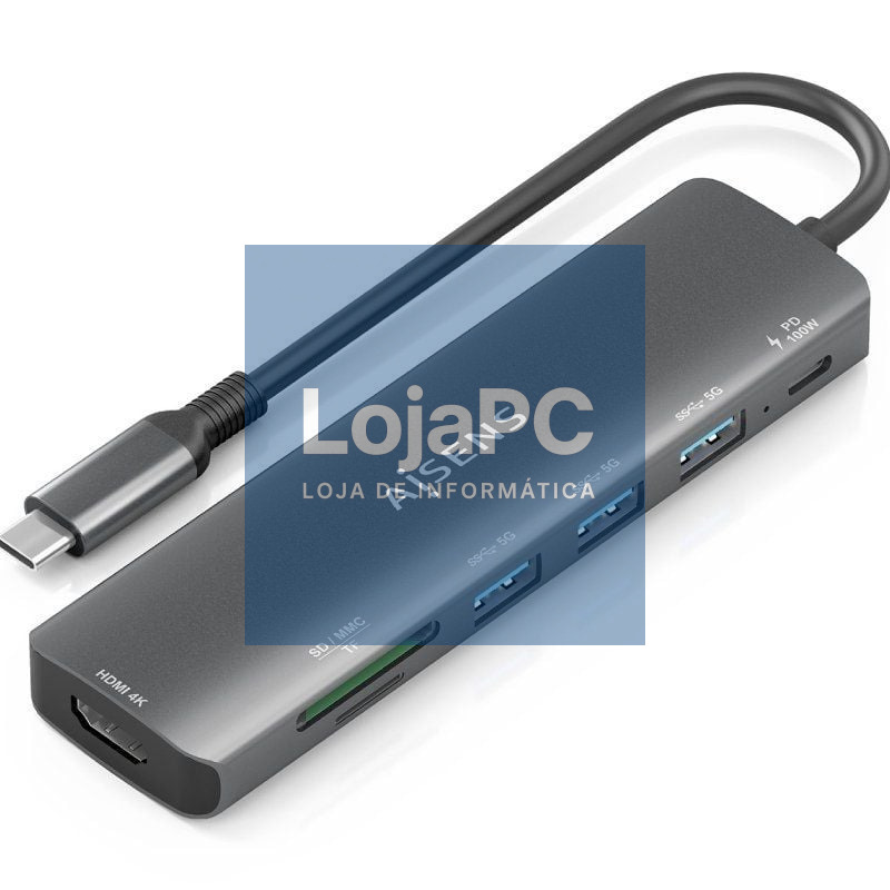 Docking USB Tipo-C Aisens ASUC-7P025-GR/ 1xHDMI 4K/ 3xUSB/ 1xUSB Tipo-C PD/ 1xLector Cartões/ Cinzento