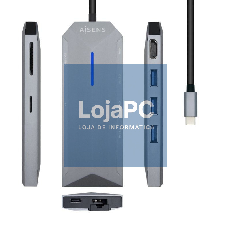 Docking USB Tipo-C Aisens ASUC-8P004-GR/ 1xHDMI 4K/ 3xUSB/ 1xRJ45/ 1xLector Cartões / 1xUSB Tipo-C PD/ Cinzento