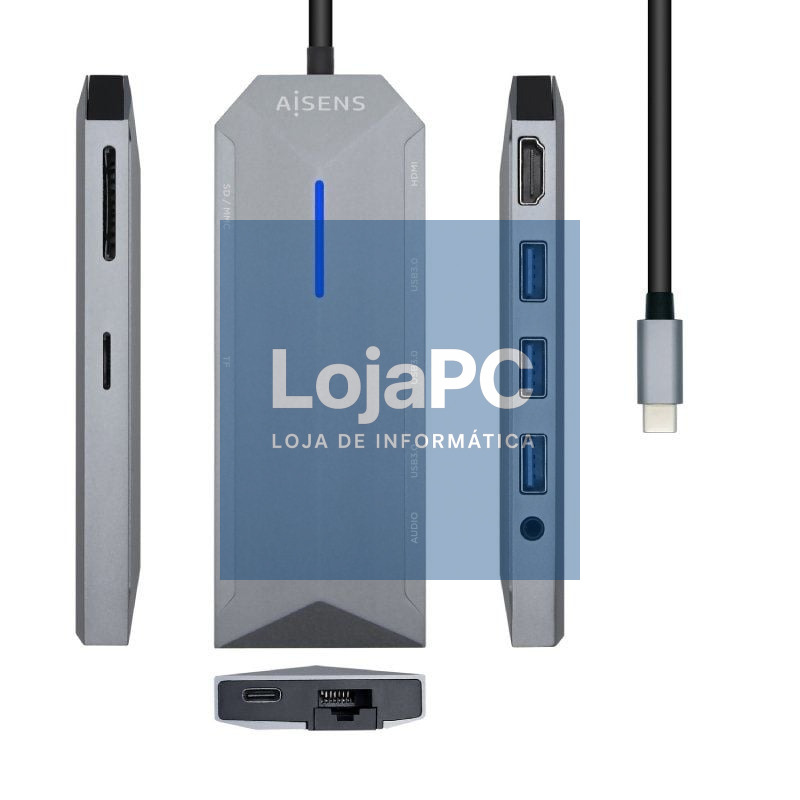 Docking USB Tipo-C Aisens ASUC-9P001-GR/ 1xHDMI 4K/ 3xUSB/ 1xRJ45/ 1xAudio/ 1xLector Cartões / 1xUSB Tipo-C PD/ Cinzento