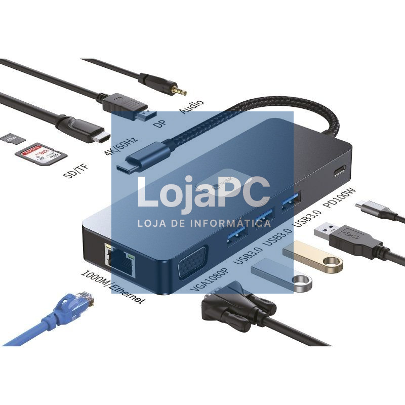 Docking USB Tipo-C Leotec LEDS03/ 3xUSB/ 1xUSB Tipo-C PD/ 1xHDMI 4K/ 1xDisplayPort/ 1xVGA/ 1xAudio/ 1xRJ45/ 1xLector Cartões SD y MicroSD/ Cinzento