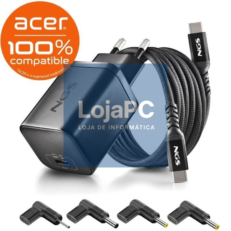 Carregador de Portátil GaN NGS BUD65W-AC para Acer/ 1xUSB Tipo-C/ 65W/ Automático/ 4 Conectores/ Voltaje 5-20V