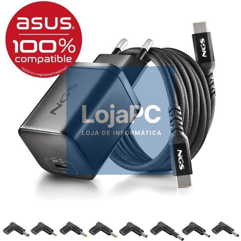 Carregador de Portátil GaN NGS BUD65W-AS para Asus/ 1xUSB Tipo-C/ 65W/ Automático/ 8 Conectores/ Voltaje 5-20V