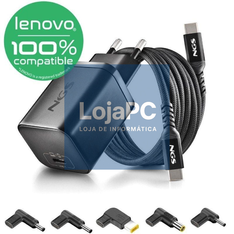 Carregador de Portátil GaN NGS BUD65W-L para Lenovo/ 1xUSB Tipo-C/ 65W/ Automático/ 5 Conectores/ Voltaje 5-20V