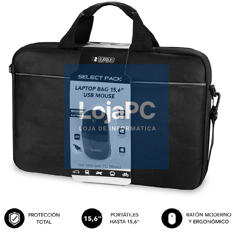 Mala + Rato Subblim Select Pack para Portáteis até 15.6'/ Cinta para Trolley/ Preto