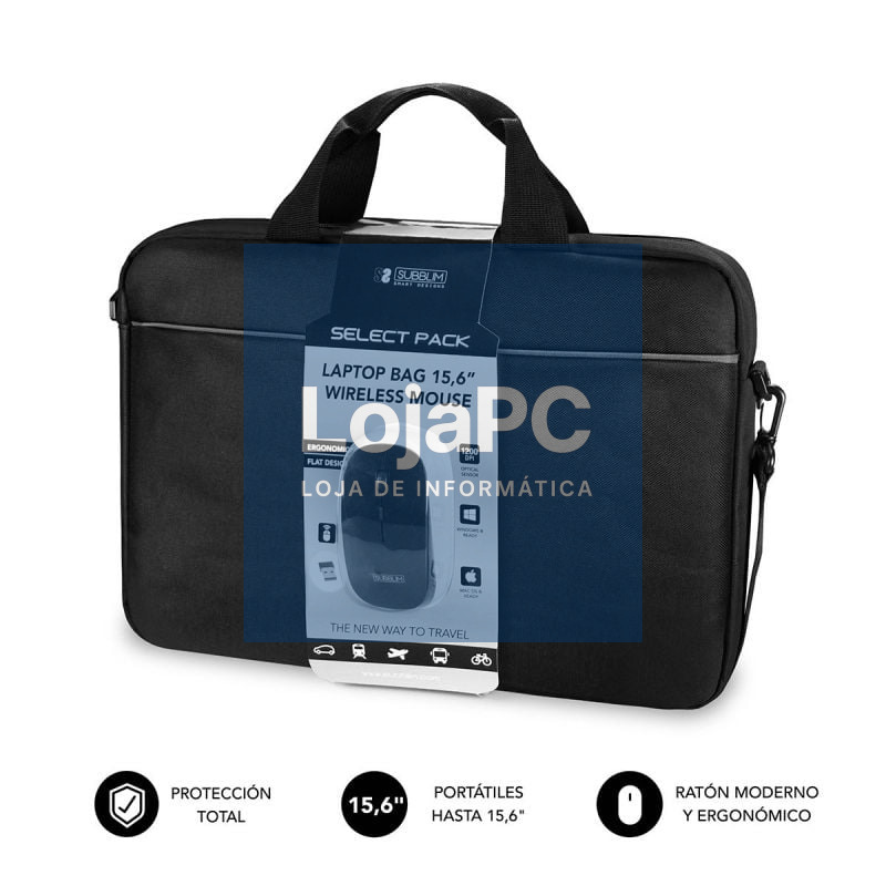 Mala + Rato sem fios Subblim Select Pack para Portáteis até 15.6'/ Cinta para Trolley/ Preto