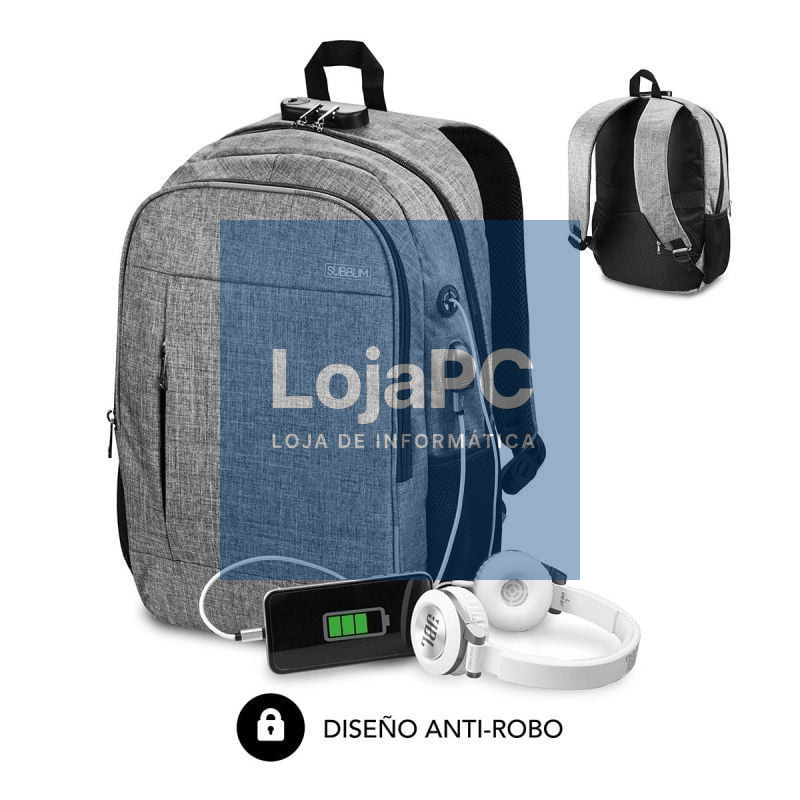 Mochila Subblim Urban Lock para Portáteis até 16'/ Porta USB/ Antirrobo/ Cinzento