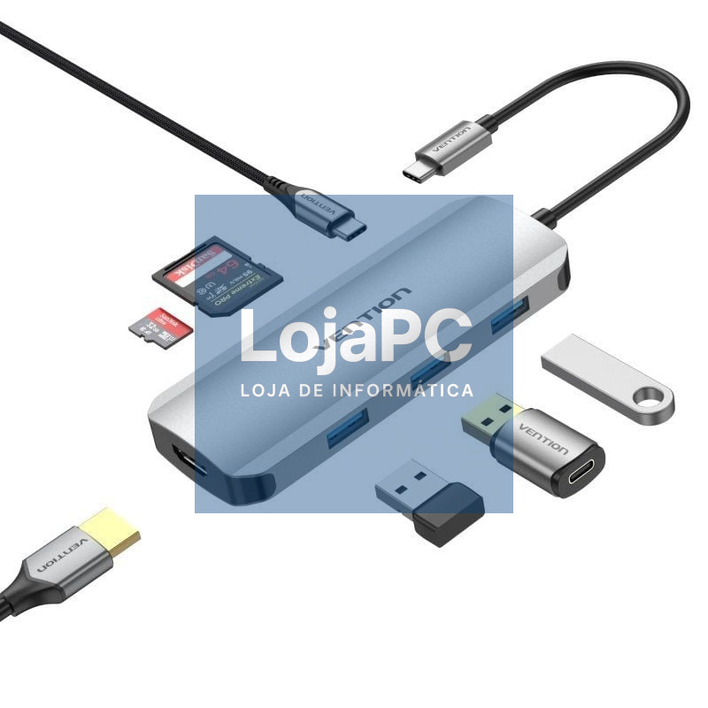 Docking USB Tipo-C Vention TOJHB/ 1xHDMI 4K/ 3xUSB/ 1xUSB Tipo-C/ 1xLector Cartões/ Cinzento