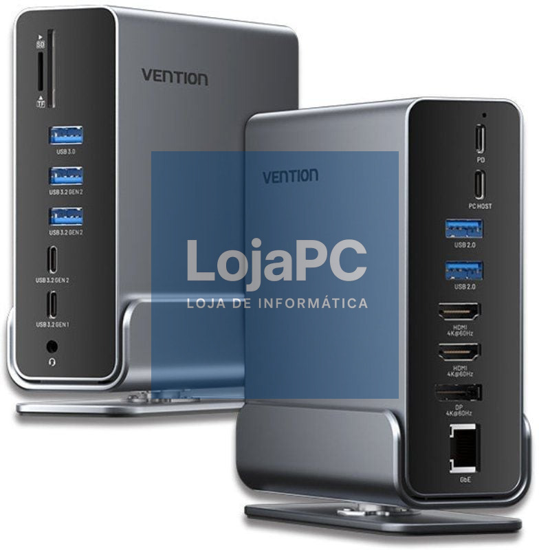 Docking USB Tipo-C Vention TPUH0/ 2xHDMI 4K/ 1xDisplayPort/ 3xUSB Tipo-C/ 5xUSB/ 1xRJ45/ 1xLector de Cartões/ 1xJack 3.5/ 1xUSB Tipo-C PD/ Cinzento