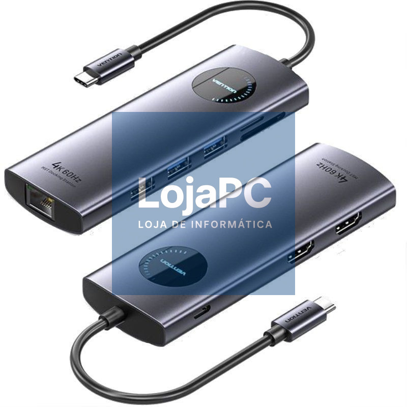 Docking USB Tipo-C Vention TQVHB/ 2xHDMI 4K/ 3xUSB/ 1xRJ45/ 1xLector de Cartões/ 1xUSB Tipo-C PD/ Cinzento