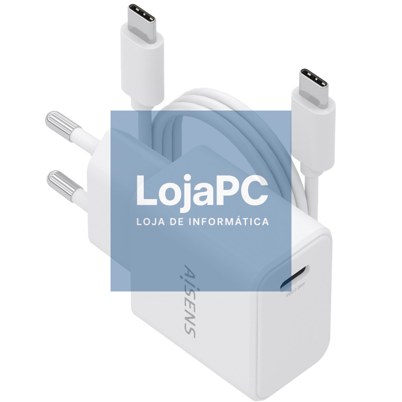 Carregador de parede GaN Aisens ASCH-20W1P081-W/ 1xUSB Tipo-C/ 20W/ Branco/ inclui Cabo USB Tipo-C