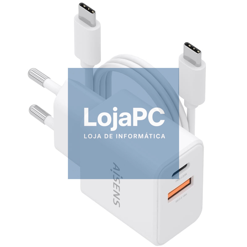 Carregador de parede GaN Aisens ASCH-20W2P083-W/ 1xUSB Tipo-C/ 1xUSB/ 20W/ Branco/ inclui Cabo USB Tipo-C
