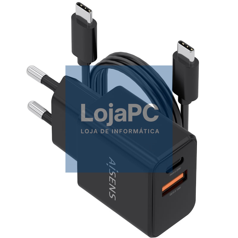 Carregador de parede GaN Aisens ASCH-20W2P084-BK/ 1xUSB Tipo-C/ 1xUSB/ 20W/ inclui Cabo USB Tipo-C