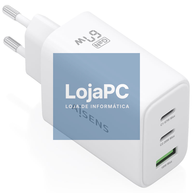 Carregador de parede GaN Aisens ASCH-67W3P086-W/ 2xUSB Tipo-C/ 1xUSB/ 67W/ Branco