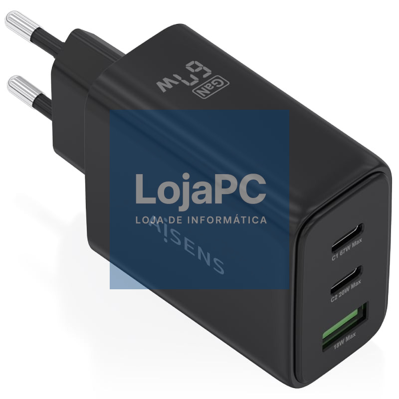 Carregador de parede GaN Aisens ASCH-67W3P087-BK/ 2xUSB Tipo-C/ 1xUSB/ 67W
