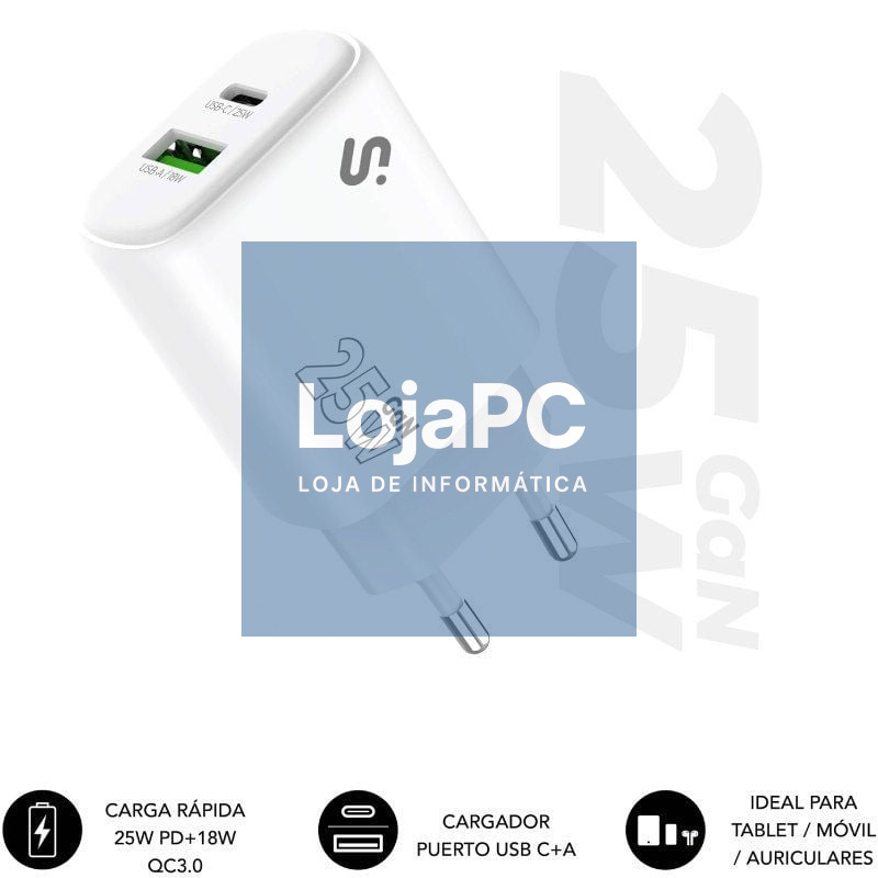 Carregador de parede GaN Subblim 25W Charger USB C+A/ 1xUSB Tipo-C/ 1xUSB/ 25W