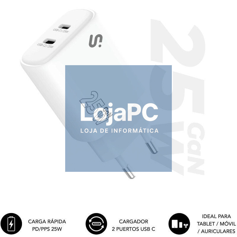 Carregador de parede GaN Subblim 25W Charger USB C+C/ 2xUSB Tipo-C/ 25W