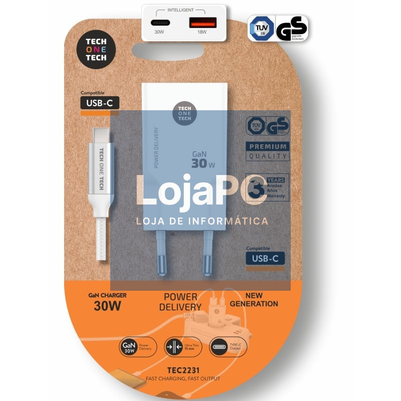 Carregador de parede Tech One Tech TEC2231/ 1xUSB Tipo-C/ 1xUSB + Cabo USB Tipo-C/ 30W/ Branco