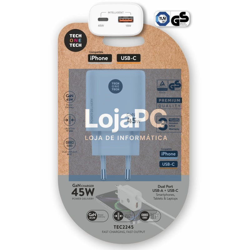 Carregador de parede GaN Tech One Tech TEC2245/ 1xUSB Tipo-C/ 1xUSB/ 45W