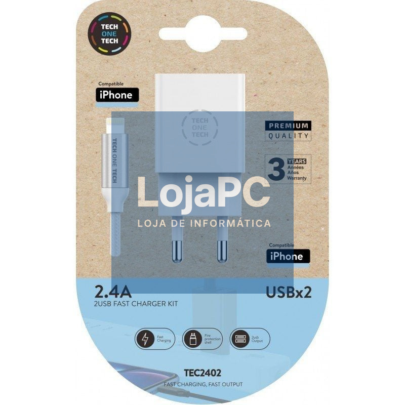 Carregador de parede Tech One Tech TEC2402/ 2xUSB + Cabo Lightning/ 12W/ Branco