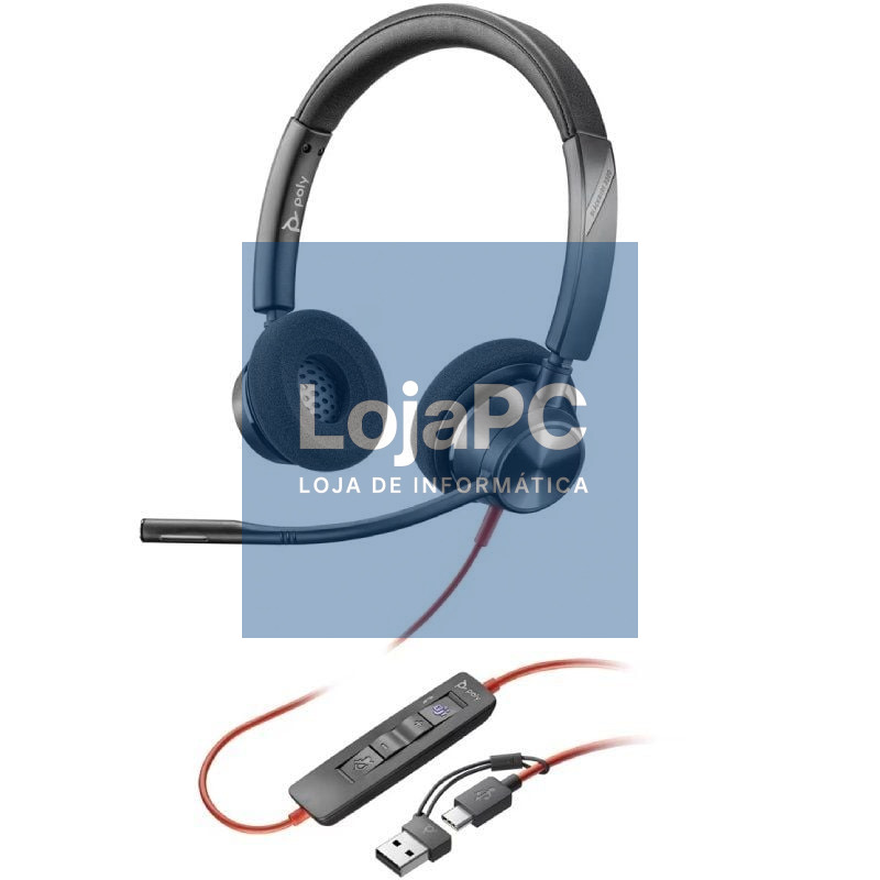 Auscultadores Poly Blackwire 3320 para Microsoft Teams USB-C + Adaptador USB-C/A/ com Microfone/ USB Tipo-C/ Pretos