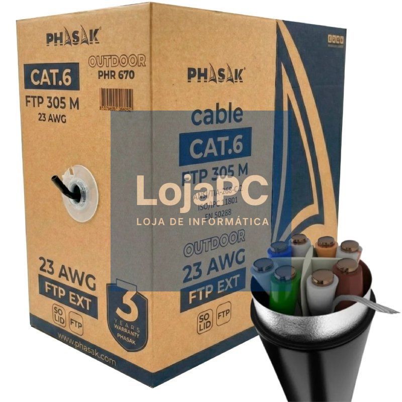 Bobina de Cabo RJ45 FTP Phasak PHR 670 Cat.6/ 305m/ Cinzento Escuro