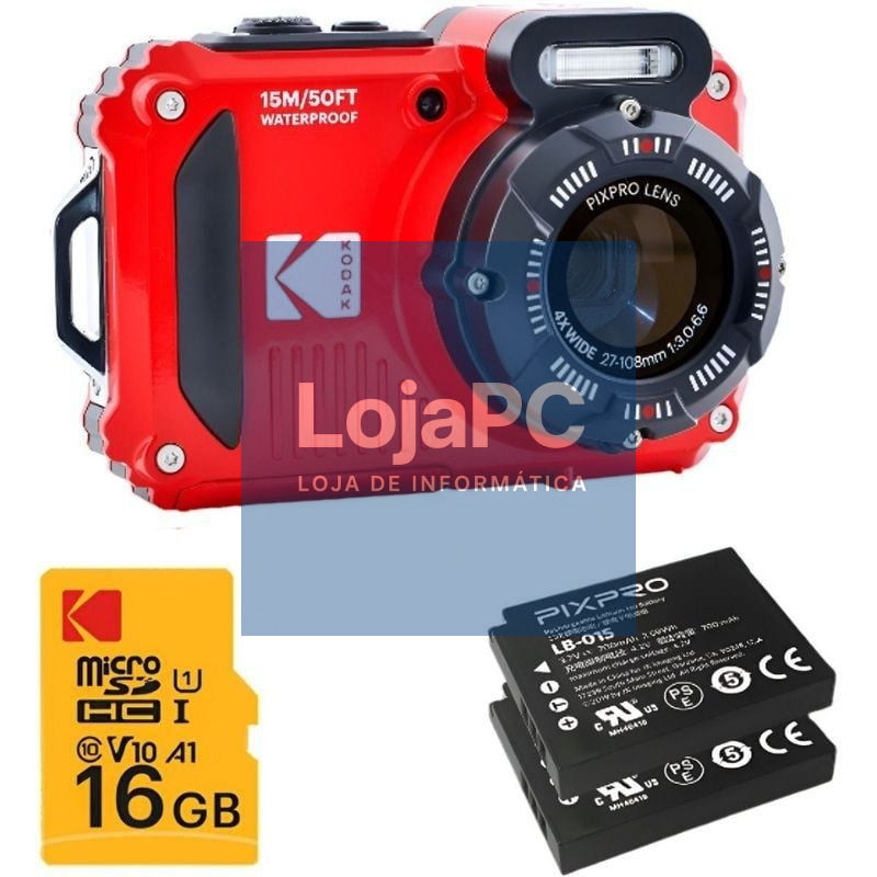 Pack Câmara Digital Kodak Pixpro WPZ2RD6 + 2 Baterias + 1 MicroSD/ 16MP/ Zoom Óptico 4x/ Vermelho