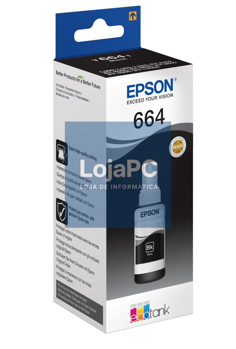 Recarga de Tinta EPSON Serie 664 Preto (70ml) -  EcoTank 25xx/26xx/4500/14000, L355/L55