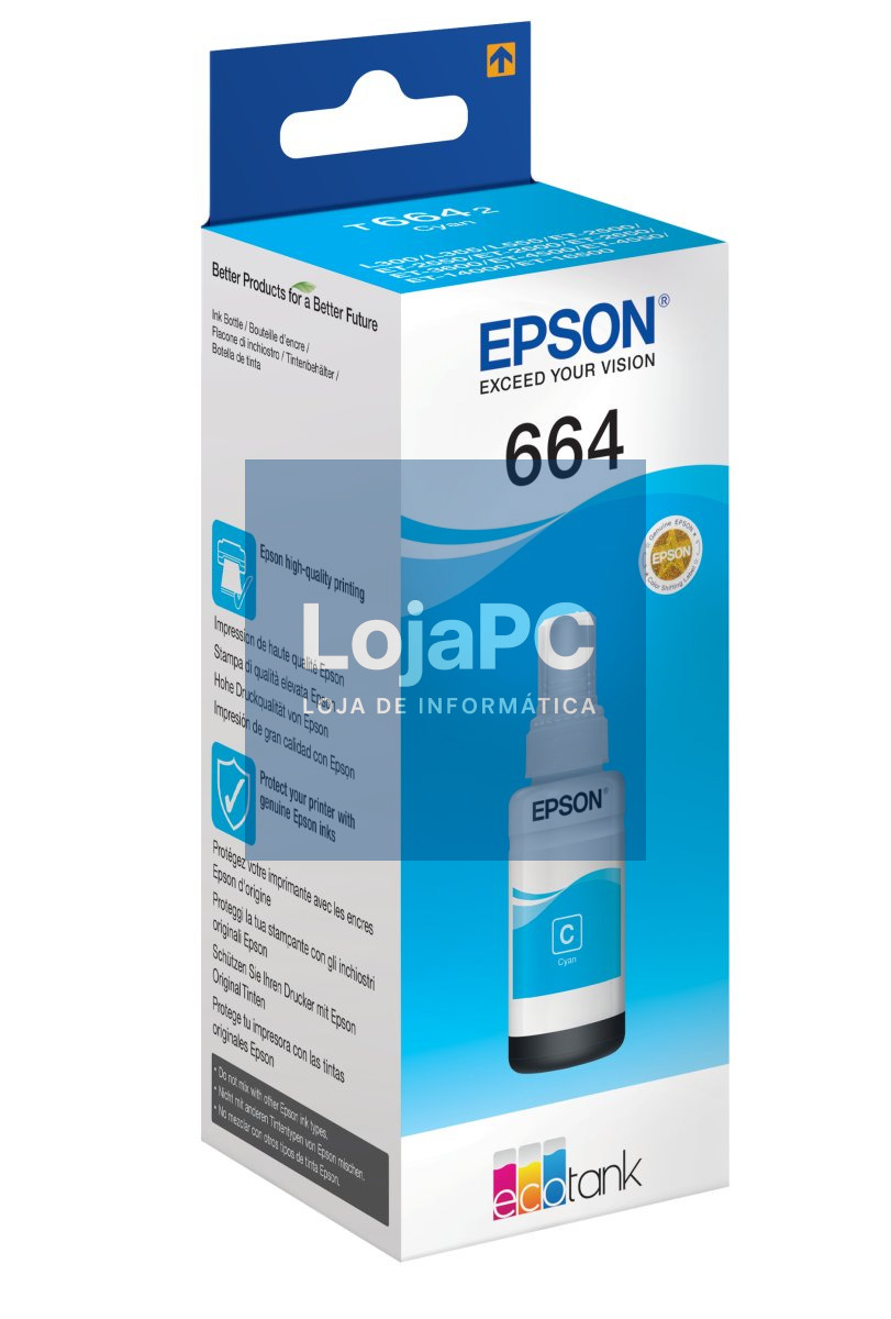 Recarga de Tinta EPSON Serie 664 Ciano (70ml) - EcoTank 25xx/26xx/4500/14000, L355/L55