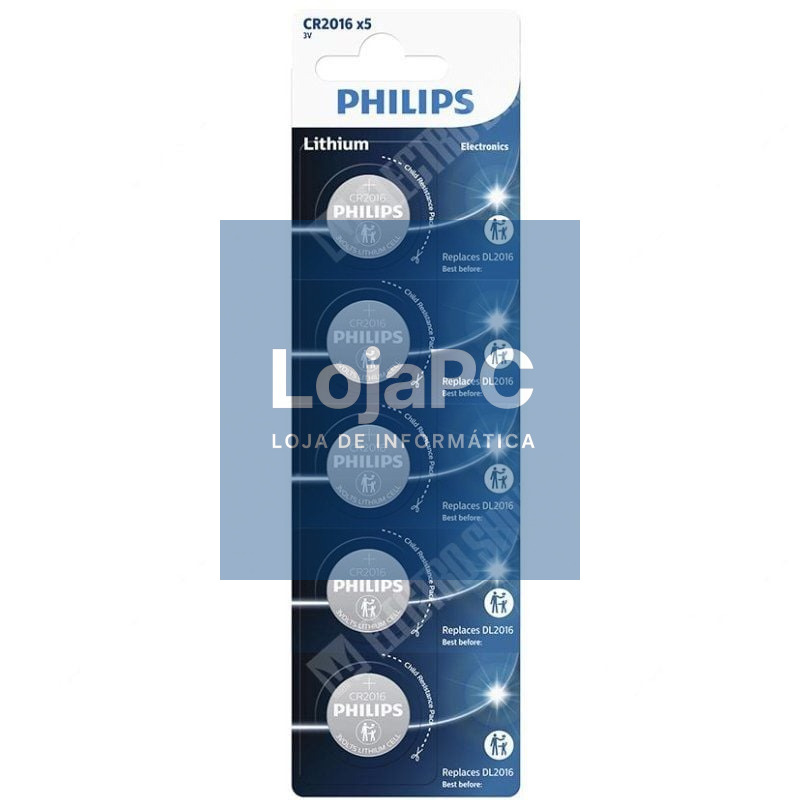Pack de 5 Pilhas de Botón Philips CR2016P5/01B Lithium/ 3V