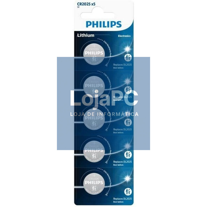 Pack de 5 Pilhas de Botón Philips CR2025P5/01B Lithium/ 3V