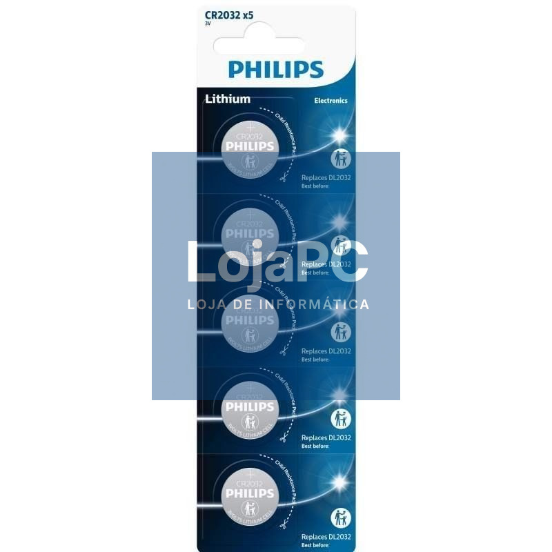 Pack de 5 Pilhas de Botón Philips CR2032P5/01B Lithium/ 3V
