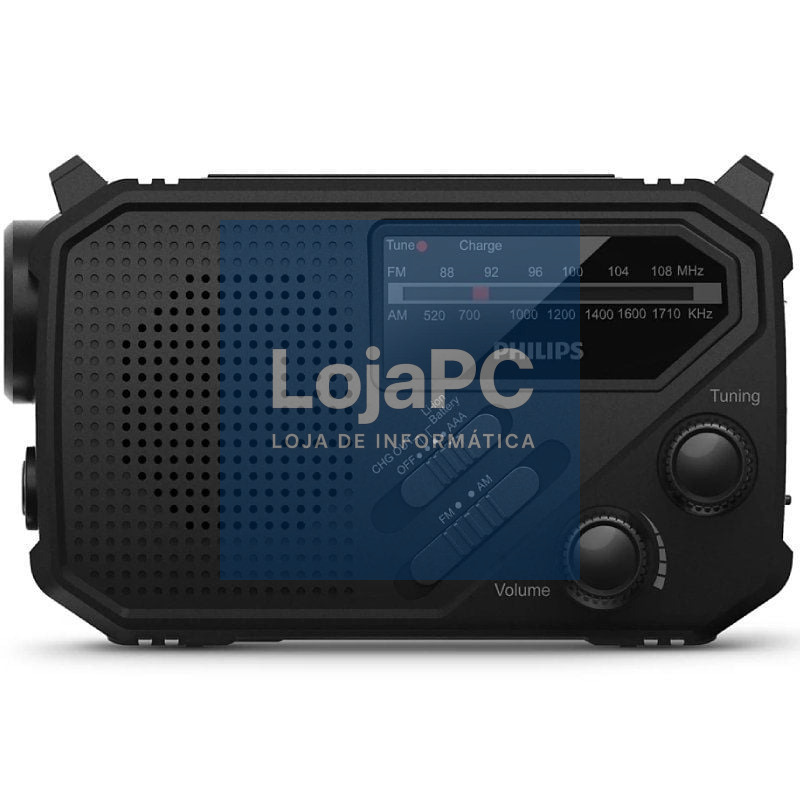 Radio Portátil Philips TAR1609/ a Pilhas/ com Bateria/ Linterna/ Placa Solar/ Preta