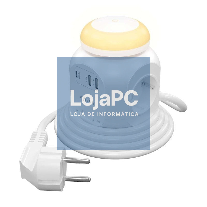 Extensão com Interruptor y Luz Nocturna Aisens ASPS-2A1CLPQ02-W/ 4 Tomadas de Corrente/ 1 USB Tipo-C PD/ 2 USB/ Cabo 1.8m/ Branco