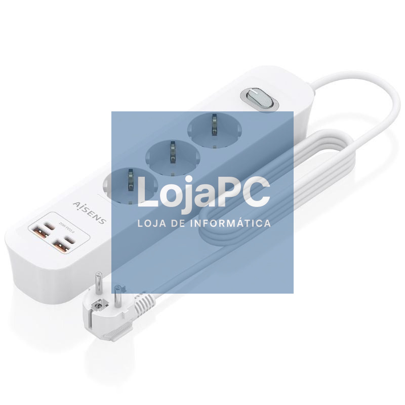 Extensão com Interruptor Aisens ASPS-2A2C10-W/ 3 Tomadas de Corrente/ 2 USB - 2 USB Tipo-C/ Cabo 1.4m/ Branco