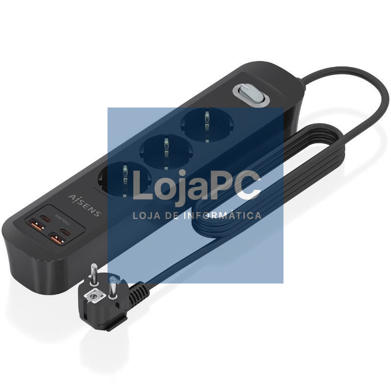 Extensão com Interruptor Aisens ASPS-2A2C11-BK/ 3 Tomadas de Corrente/ 2 USB - 2 USB Tipo-C/ Cabo 1.4m/ Preto
