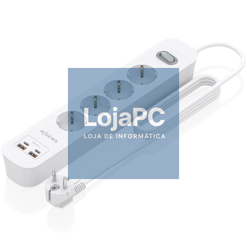 Extensão com Interruptor Aisens ASPS-2A2C12-W/ 4 Tomadas de Corrente/ 2 USB - 2 USB Tipo-C/ Cabo 1.4m/ Branco
