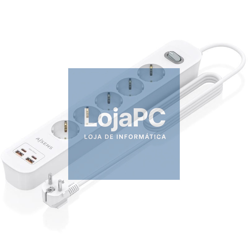Extensão com Interruptor Aisens ASPS-2A2C14-W/ 5 Tomadas de Corrente/ 2 USB - 2 USB Tipo-C/ Cabo 1.4m/ Branco