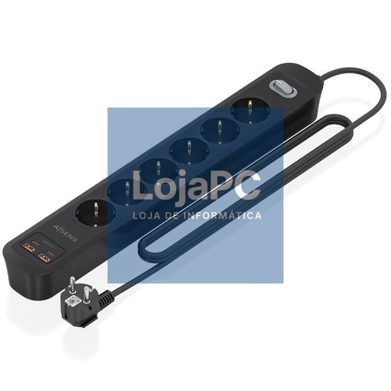 Extensão com Interruptor Aisens ASPS-2A2C17-BK/ 6 Tomadas de Corrente/ 2 USB - 2 USB Tipo-C/ Cabo 1.4m/ Preto