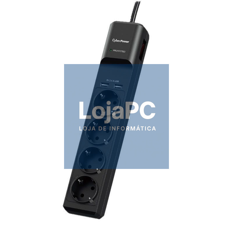 Extensão com interruptor Cyberpower P0420SUD0-DE/ 4 Tomadas de corrente/ 2 USB/ Cabo 1.8m/ Preta