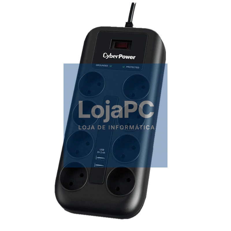 Extensão com Interruptor Cyberpower P0820SUD0-DE/ 8 Tomadas de corrente/ 2 USB/ Cabo 1.8m/ Preta