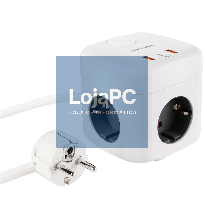 Extensão Nanocable 10.37.0011/ 3 Tomadas de corrente/ 2 USB - 1 USB Tipo-C/ Cabo 1.4m/ Branca