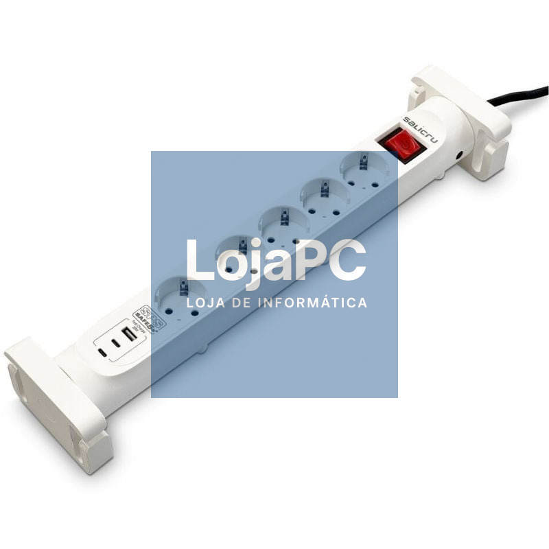 Extensão com interruptor Salicru SAFE 5S+/ 4 Tomadas de corrente/ 1 Master/ 2 USB Tipo-C/ 1 USB/ Cabo 1.4m/ Branca