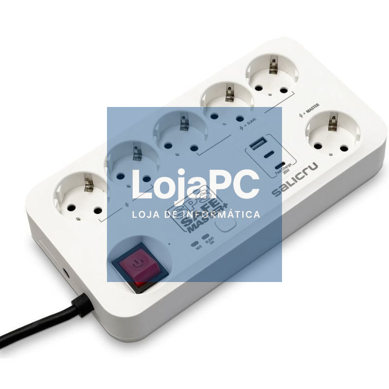 Extensão com interruptor Salicru SAFE MASTER+/ 5 Tomadas de corrente/ 1 Master/ 2 USB Tipo-C/ 1 USB/ Cabo 1.4m/ Branca