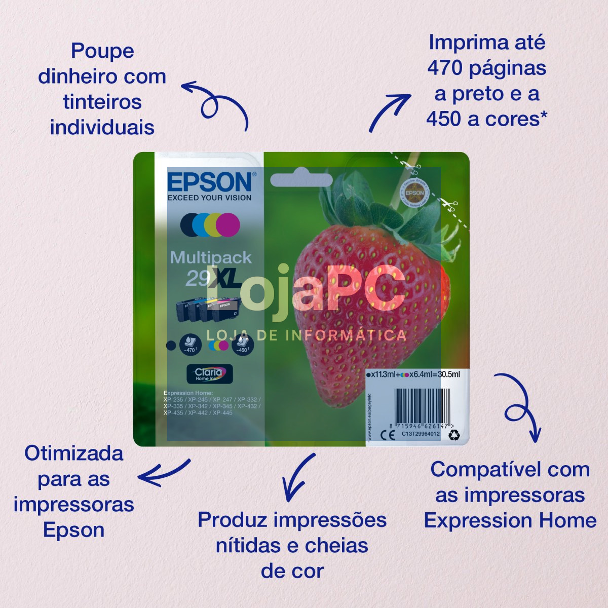 Tinteiro EPSON 29 Amarelo + Alarme RF - Expression Home XP-255/257/352/355/452/455