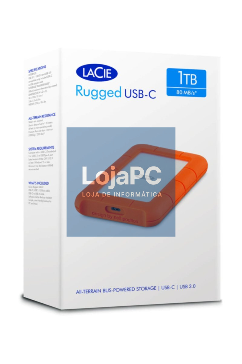 LACIE RUGGED 1TB USB-C USB3.0 Drop crush and rain-resistant for all terrain use orange