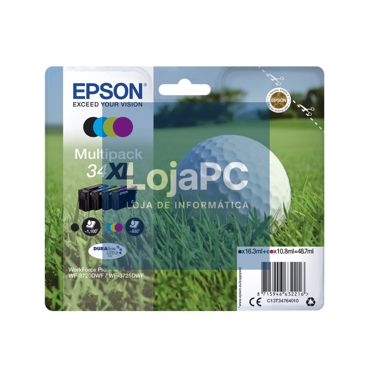 Tinteiro EPSON 34 Ciano XL + Alarme RF - WorkForce Pro WF-3720/3725