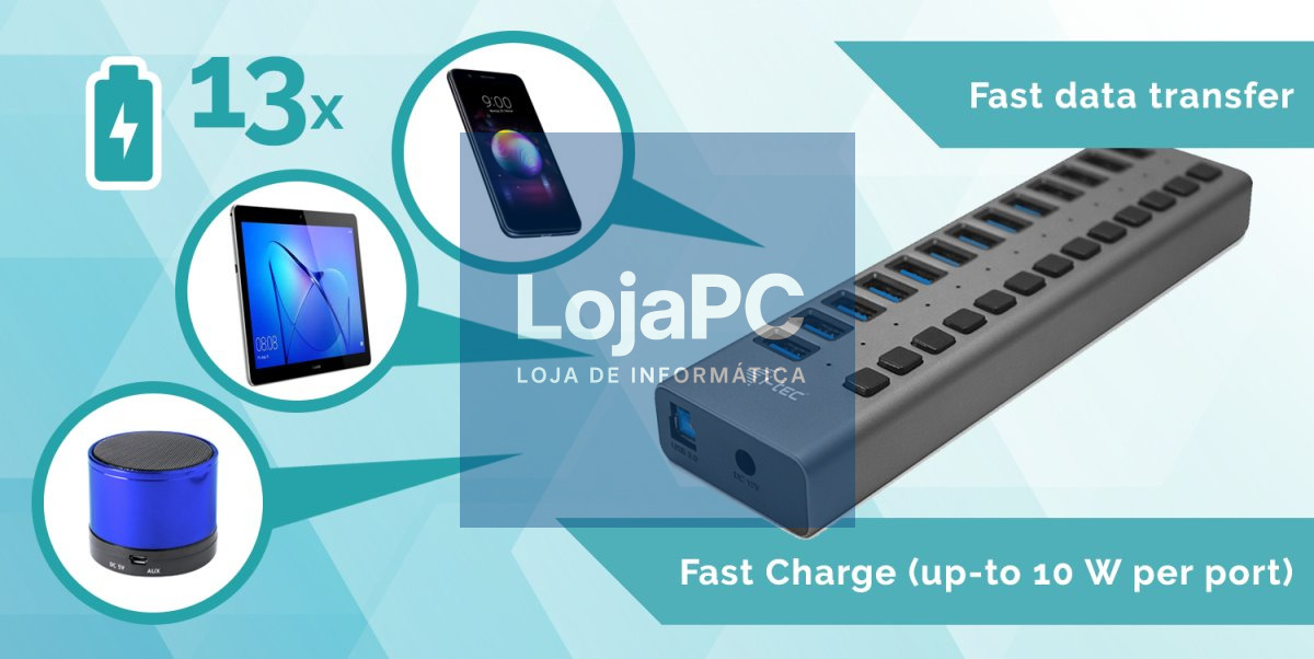 Hub de carregamento i-tec USB 3.0 13 portas + Carregador de corrente 60 W