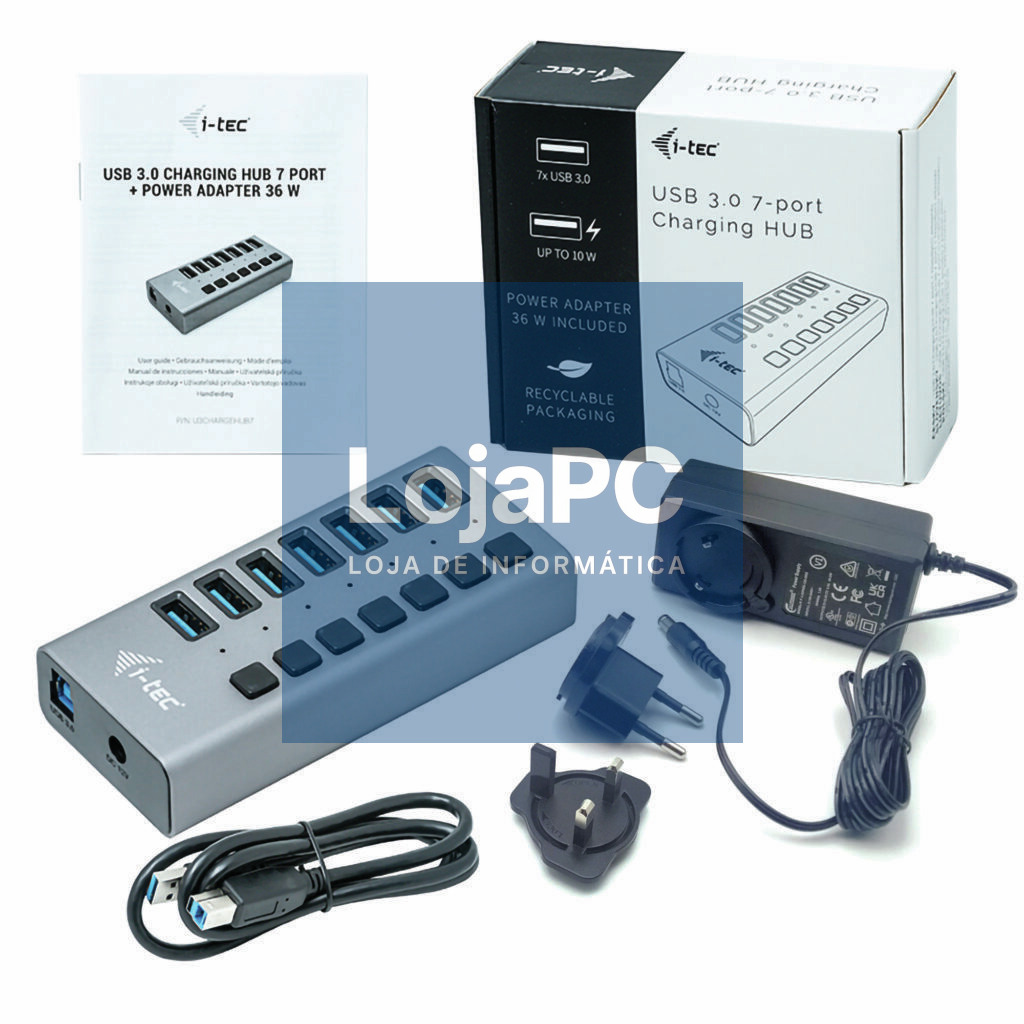 Hub de carregamento i-tec USB 3.0 7 portas + Carregador de corrente 36 W