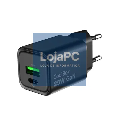 COOLBOX Carregador Gan 25W USB-A/USB-C Parede Preto
